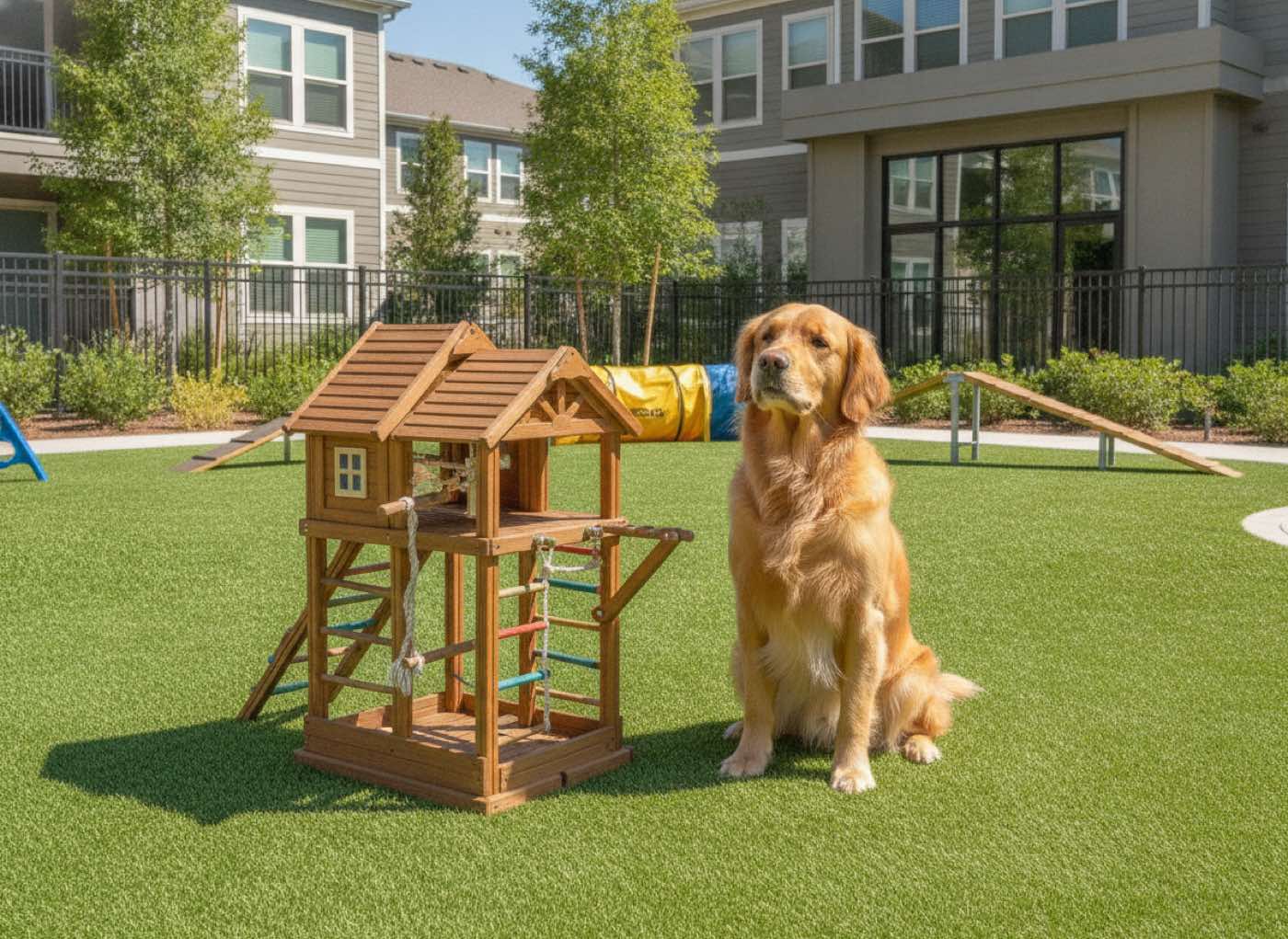 Pet park where a golden retriever sits politely next to a multi-level bird playground