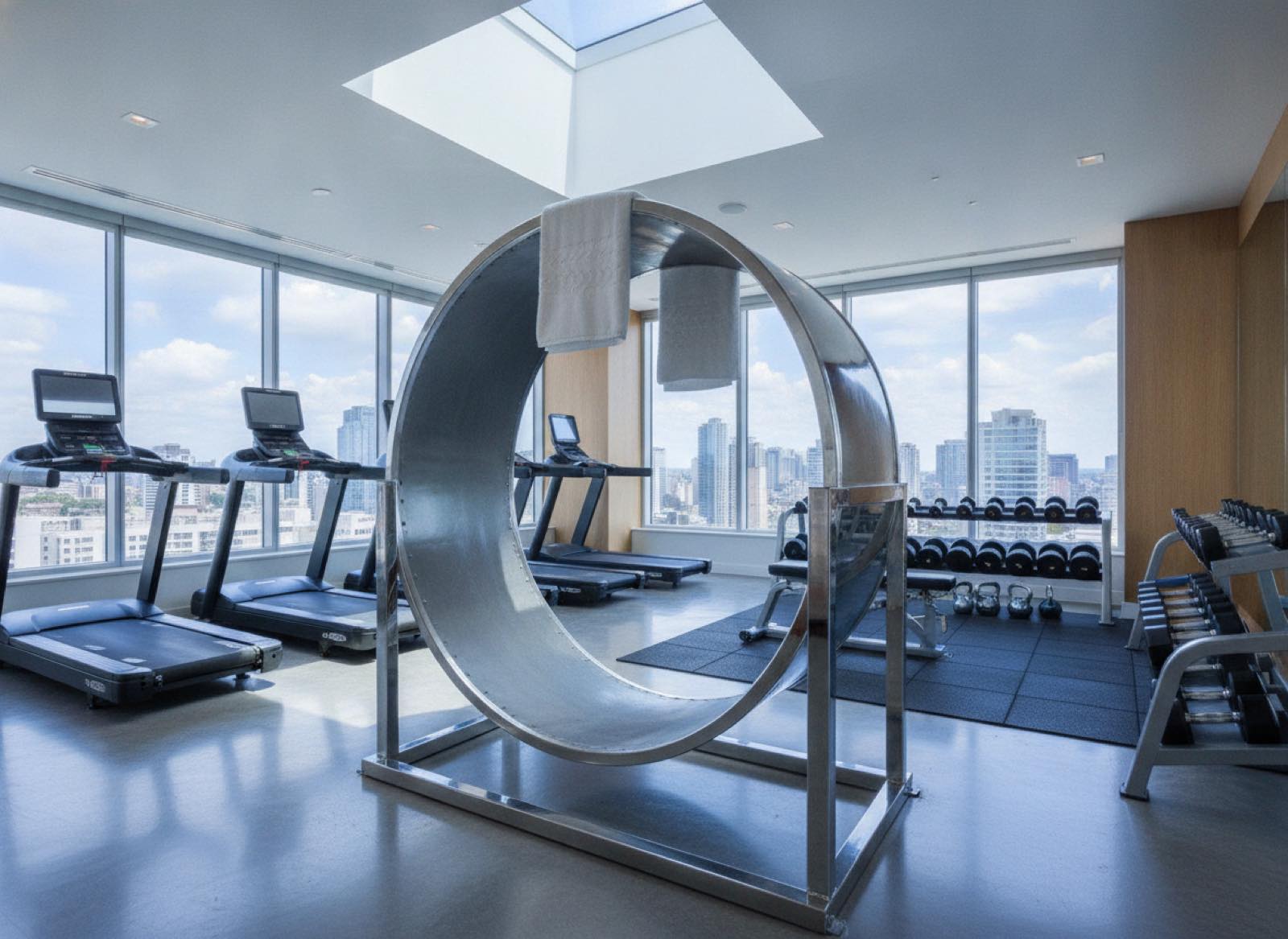 Modern fitness center with a very large chrome running wheel in the middle