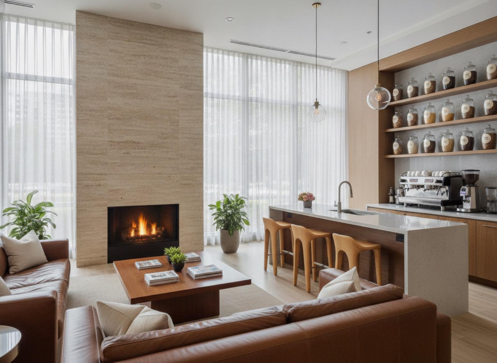 Resident lounge with a coffee bar whose back wall is jars of sunflower seeds and millet