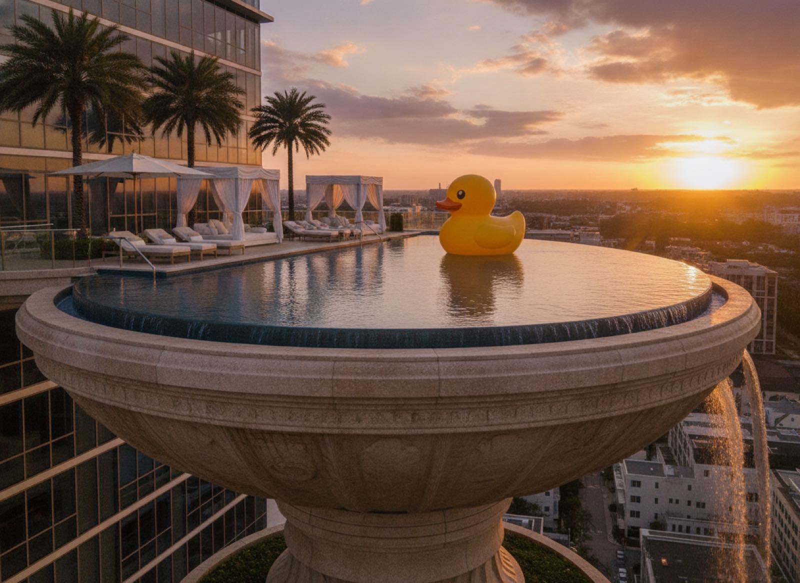 Rooftop infinity pool shaped like a giant stone birdbath, with one oversized rubber duck