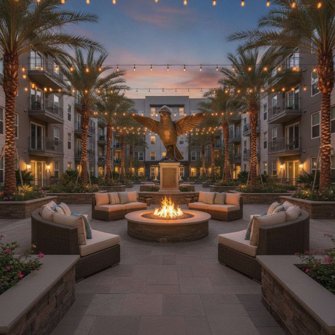 Courtyard at dusk with a bronze statue of a canary wearing a hard hat
