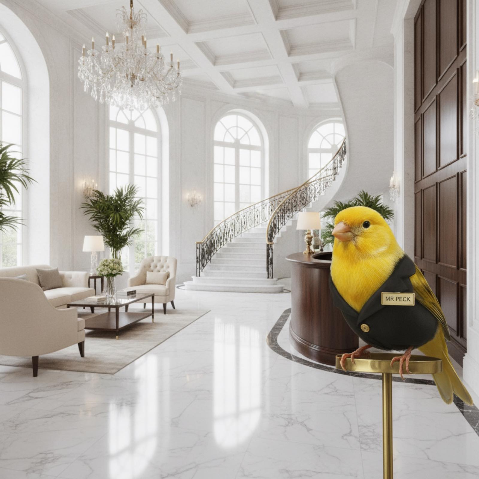 Lobby concierge desk staffed by a small yellow canary
