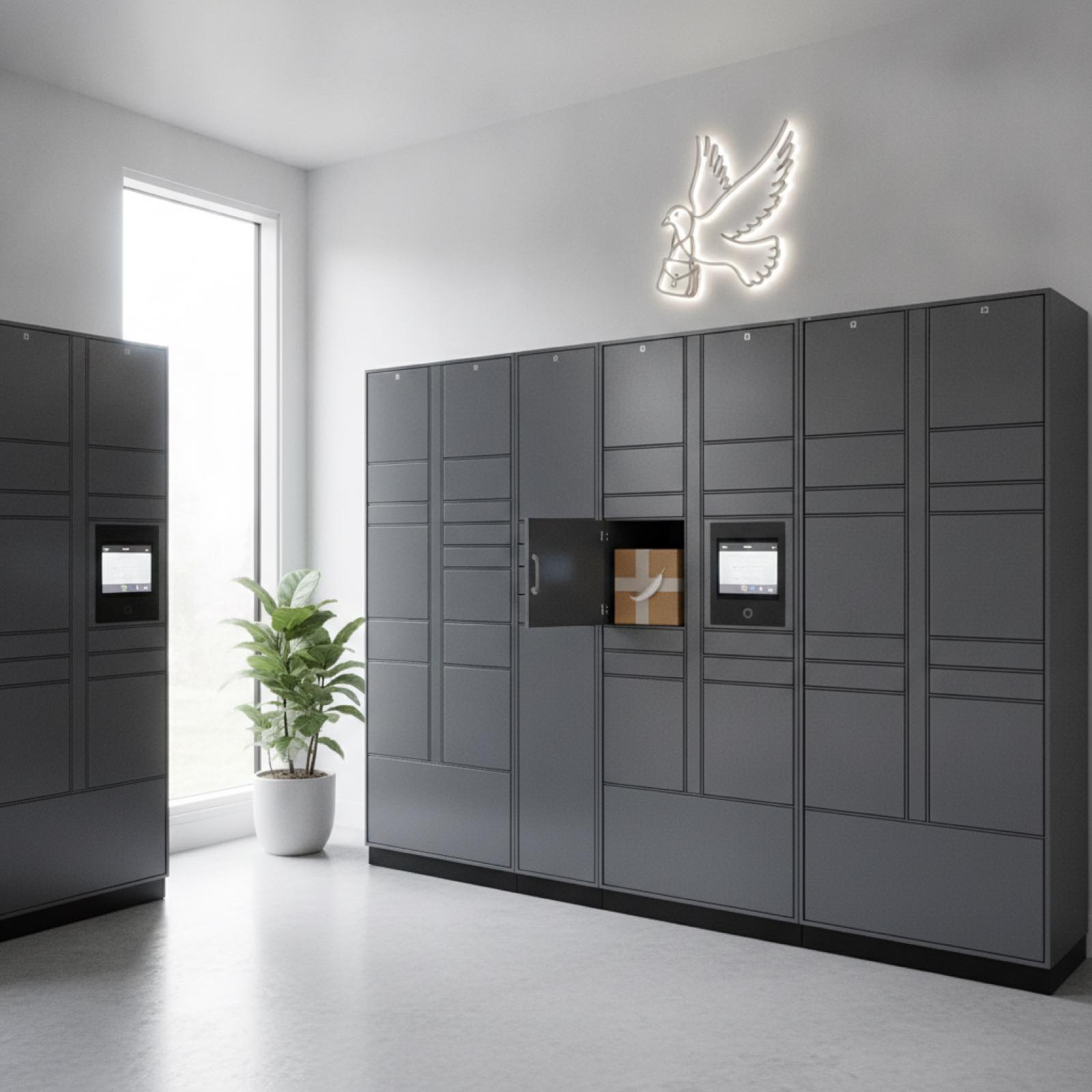 Package room with smart lockers and a sign showing a carrier pigeon with a satchel