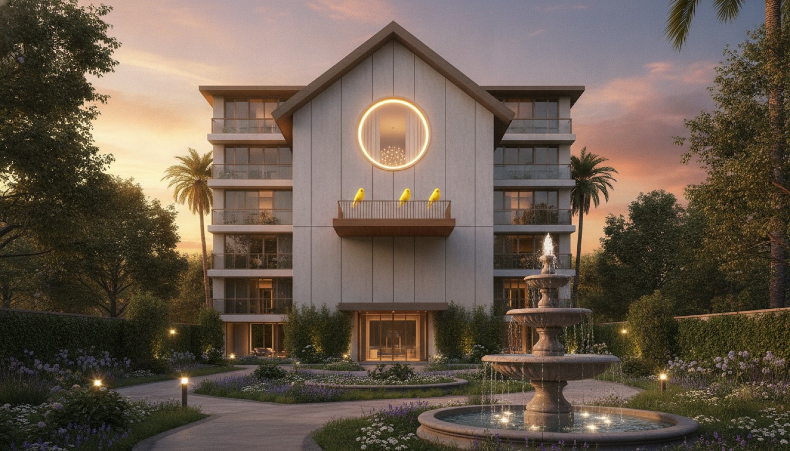 Canary Apartments at sunset: a modern mid-rise shaped like an enormous birdhouse, with three yellow canaries on the entrance balcony