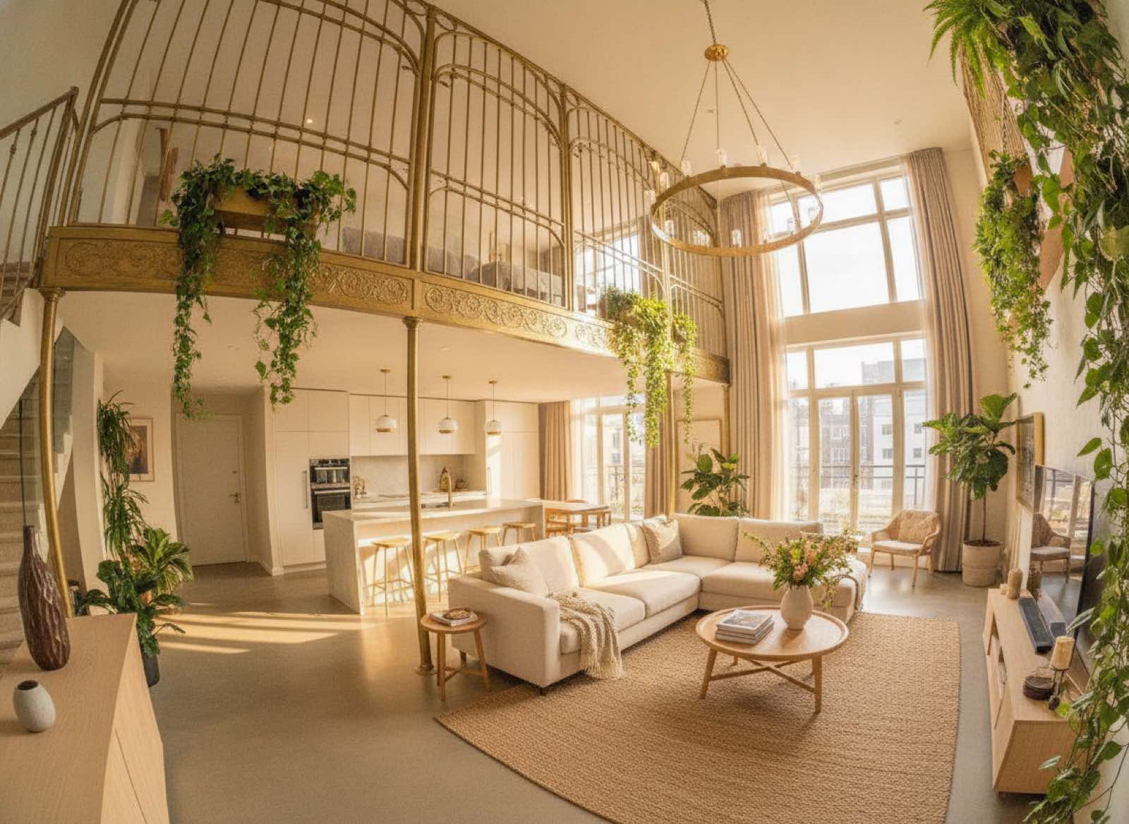 Spacious two-bedroom with a double-height living room topped by a brass birdcage-style atrium full of plants