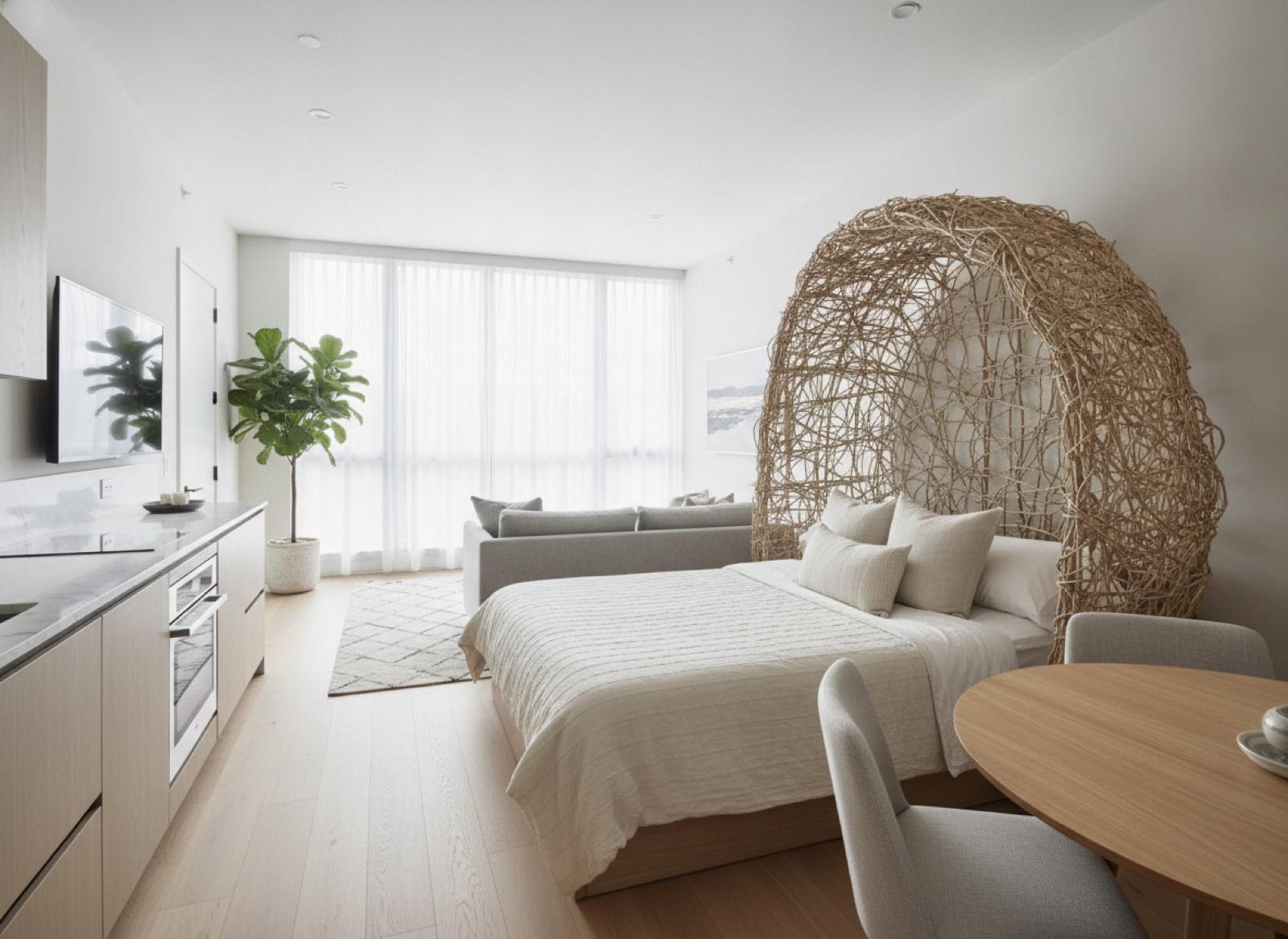 Cozy studio with a Murphy bed whose headboard is a neatly woven oversized wicker nest