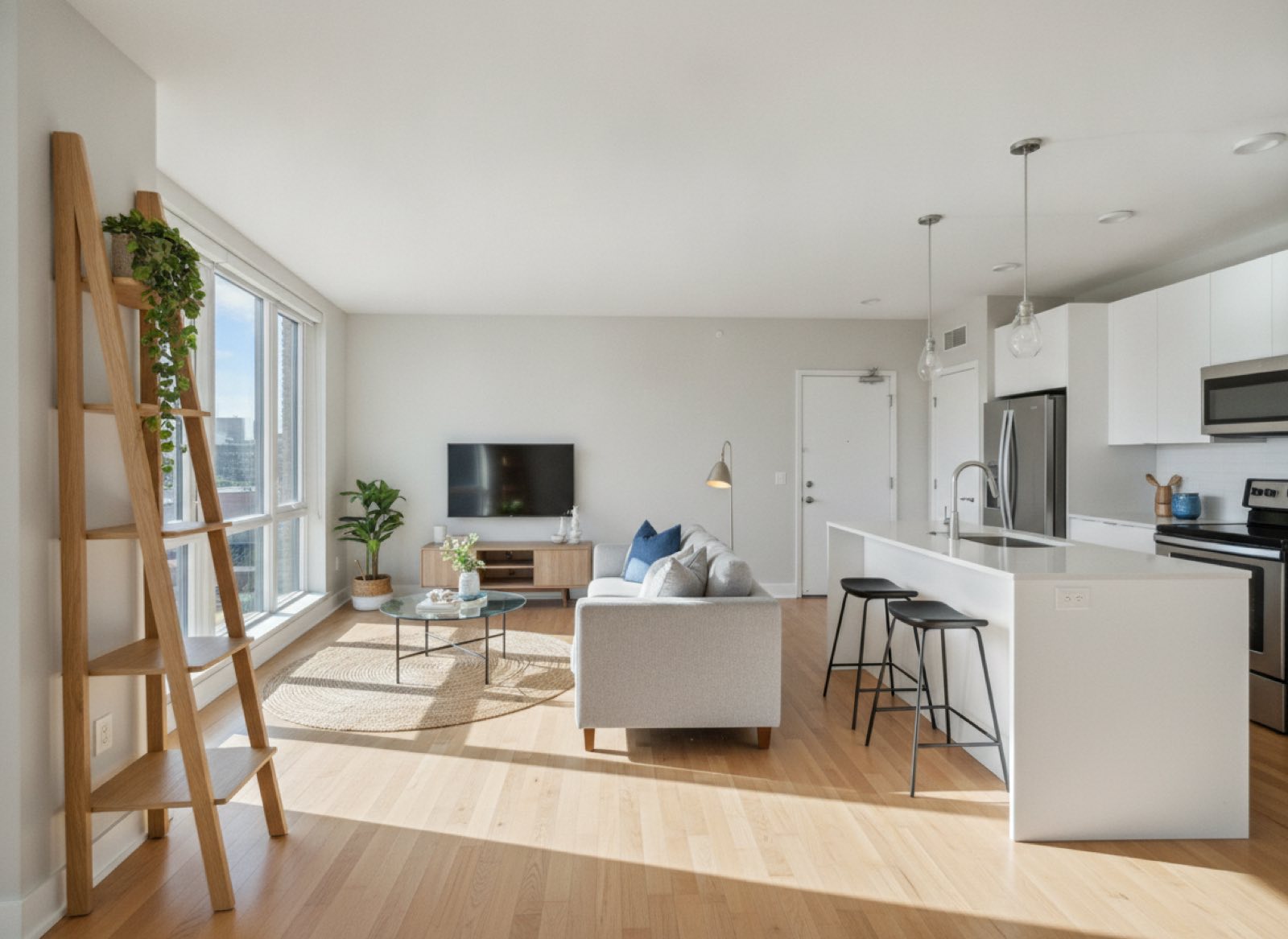 One-bedroom living room with a tall floor-to-ceiling wooden perch-ladder by the window